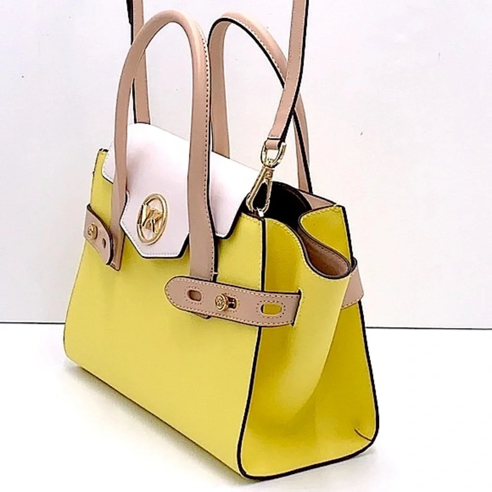 MICHAEL KORS Carmen Medium Color-Block Faux Saffiano Leather Belted Satchel